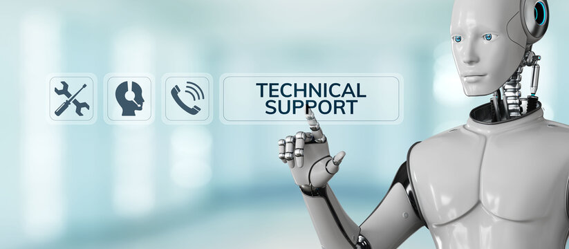 Technical support customer service automation. Robot pressing button on screen 3d render.