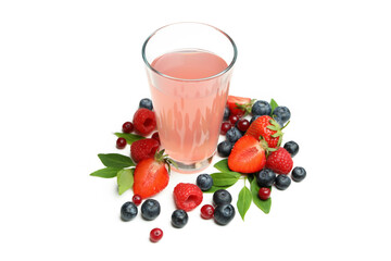 Delicious fresh berry mix and juice on white background