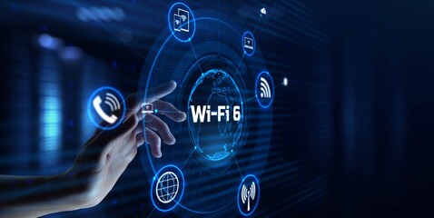 Wifi 6 Wireless internet connection network technology concept. Hand pressing button on virtual...
