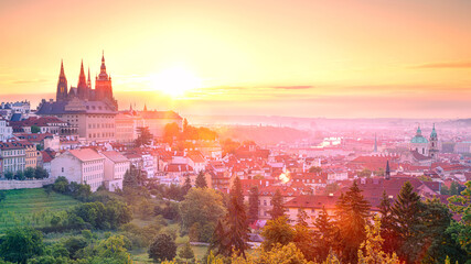 Prague Panorama. Aerial cityscape image of Prague, capital city of  Czech Republic with St. Vitus Cathedral during summer sunrise.