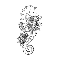Vector illustration of a seahorse with lilies isolated on a white background. Coloring Pages. Coloring Book for adults and children. © NatliyaDesigner