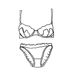 A set of women's bras and panties. Vector icons. Black items of the ladies ' wardrobe stand out against a white background. Collection of women's underwear. 