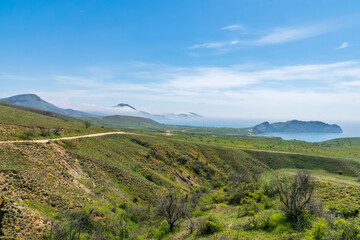 Naklejka premium Panorama of the Crimean mountains, steppes and the Black Sea.