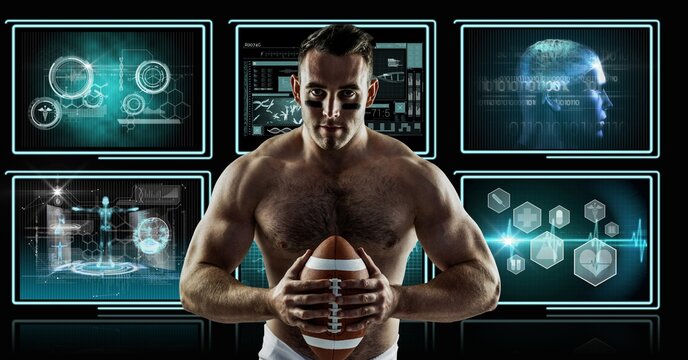 Caucasian male rugby player holding a rugby ball against digital interface with data processing