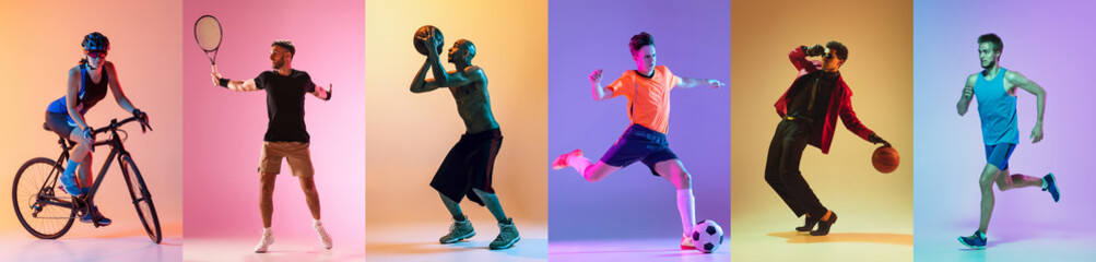 Soccer football, fitness, basketball and tennis. Collage of different professional sportsmen in action and motion isolated on multicolored background