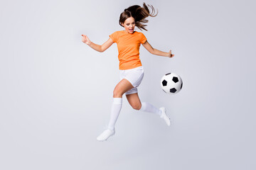 Full body photo of skilled lady soccer team player euro 2020 league game run catch ball play off...