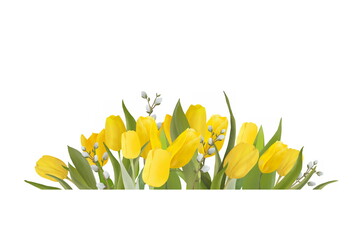 Realistic yellow tulips spring border for celebration, greeting, aniversary, hand drawn frame, isolated on white background