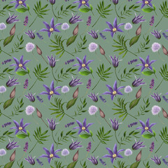 Pattern with spring purple flowers. Hand drawn illustration of beautiful flowers on green background. Botanical texture for fabric, paper.