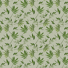 Naklejka na ściany i meble Seamless pattern of green leaves on green, foliage natural branches, herbs, tropical plant hand drawn fresh beauty rustic eco friendly background