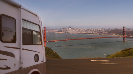 Parked at a overlook in a Rv above the Golden Gate Bridge in view of the San Francisco Bay and skyline