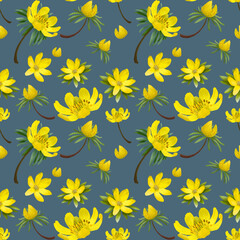 Fototapeta na wymiar Pattern with spring yellow flowers. Hand drawn illustration of beautiful flowers and birds on blue background 