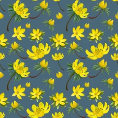Abwaschbare Fototapete Pattern with spring yellow flowers. Hand drawn illustration of beautiful flowers and birds on blue background  © TaninoPic