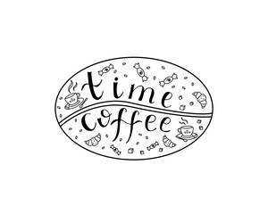 Coffee beans in the style of line art, minimalism. Design for packaging, kitchen towels. Icon coffee beans.Vector of candy, croissant, cup of hot coffee, sugar cubes. Lettering Coffee time. 