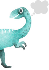 Cute dinosaur  with empty thought cloud, funny reptile in forest, jungle, childish bright empty frame or border template, cartoon isolated illustration.