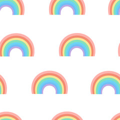 Seamless cartoon texture with rainbow on a white background. Vector illustration for fabrics, textures, wallpapers, posters, postcards. Childish fun print. Editable elements.