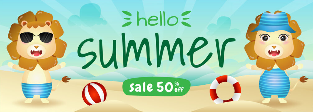 summer sale banner with a cute lion in beach