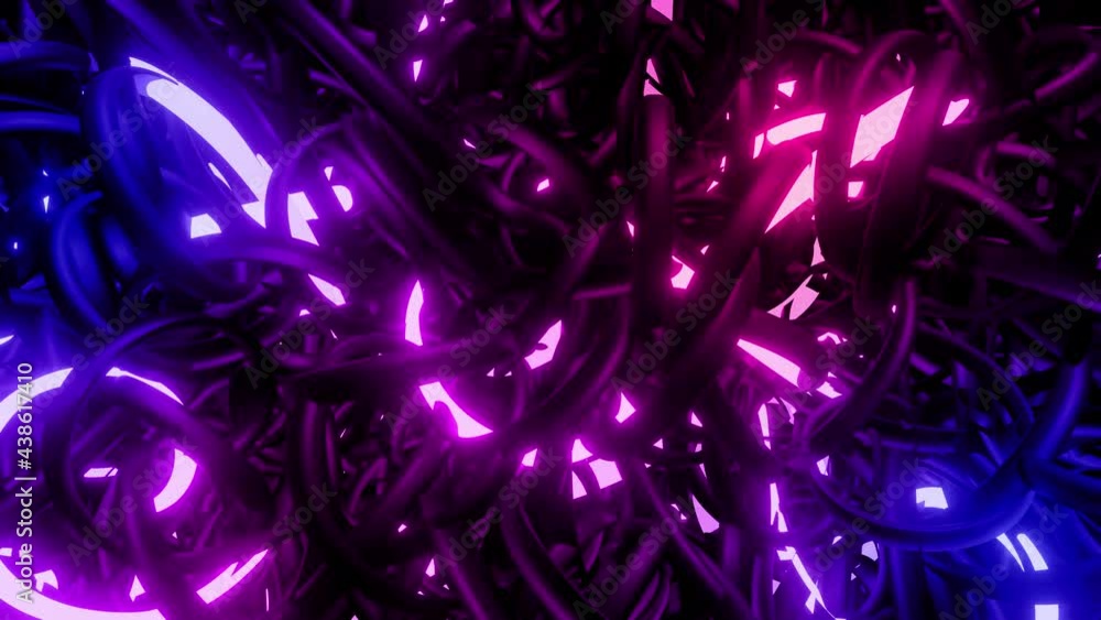 Poster 3d abstract looped background with neon light, multicolored flashes of light bulbs of unusual shapes
