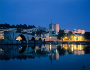france, avignon, city view, pont st. benezet, palais de papes, evening, 