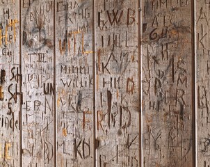 board wall, names, initials, carved, wooden wall