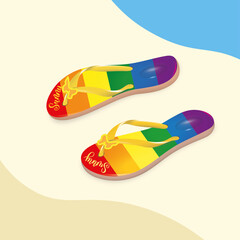 Flip flops with gradient mesh, LGBT, vector illustration. Composition on a background of beach colors in sandy, blue tones. Design and decoration of a tourist destination