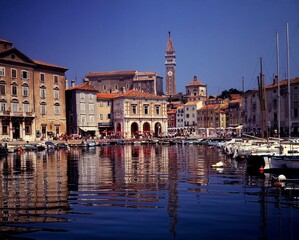 slovenia, piran, harbour, pirano, town, town view, view, houses, buildings, church, boats, harbour...