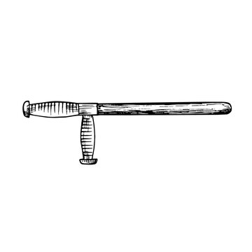 Police baton (truncheon or nightstick),  gravure style ink drawing illustration isolated on white