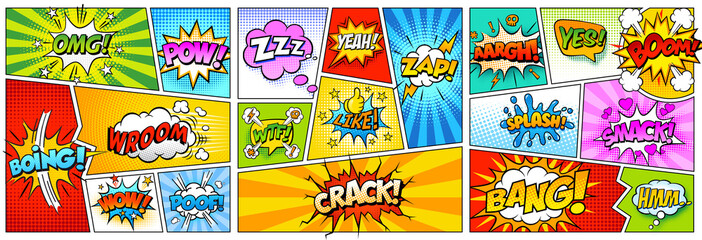 Colorful comic book background.Blank white speech bubbles of different shapes. Rays, radial, halftone, dotted effects. Vector illustration in pop art style