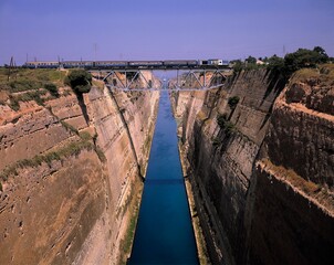 greece, isthmus of corinth, corinth canal, bridge, train, connecting canal, shipping canal,...