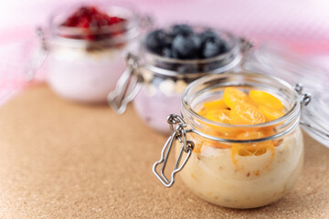 Natural Greek Yogurt With Fresh Berries And Granola In Jar. Healthy Eating, Healthy Lifestyle