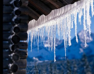 wooden house, roof, snow, icicles, detail, house, hut, wooden hut, ice, mountains, cold, ice crystals, season, winter, wintry, 