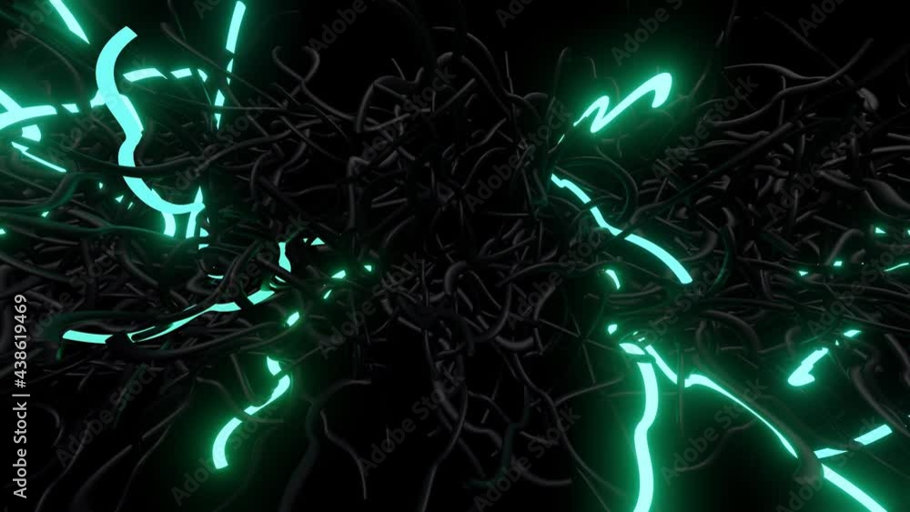 Poster 3d abstract looped background with neon light, multicolored flashes of light bulbs of unusual shapes