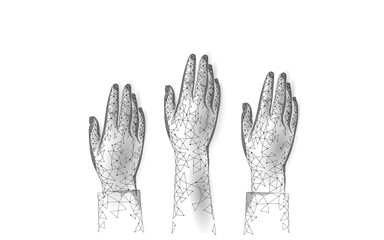 Voting hands raising to sky. 3D polygonal vote online. Election day volunteer meeting demoncracy. Technology design people vector illustration