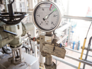 Pressure gauge of measuring instrument close up in industry zone at power plant.