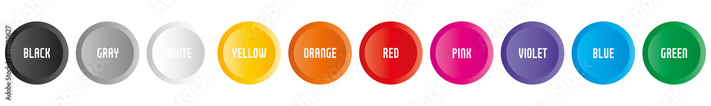 Poster set of 10 colorful buttons with color names. simple vector objects. abstract web design element.