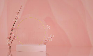 Podium, stand, showcase on pastel light, pink background and flowers. for premium product with nature plant, leaves.3d render.