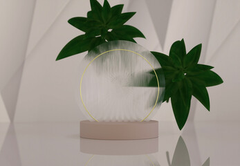 Podium, stand, showcase on pastel light, beige background and flowers. for premium product with nature plant, leaves.3d render.