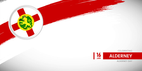 Creative brush stroke with flag of Alderney country. Happy Alderney day background with grunge flag