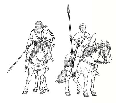Mounted Germanic warriors. Mounted knight before the battle. Digital drawing.	