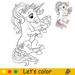 Cartoon cute sitting unicorn with cotton candy coloring