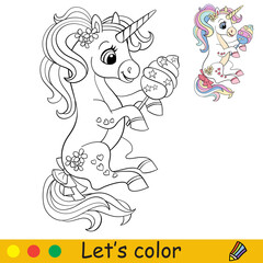 Cartoon cute sitting unicorn with cotton candy coloring © alinart