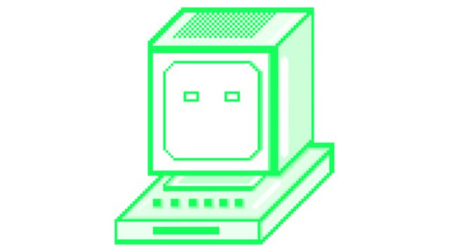 2d pixel animation of the computer, animation computer with emotions big eyes, flickering in different colors.