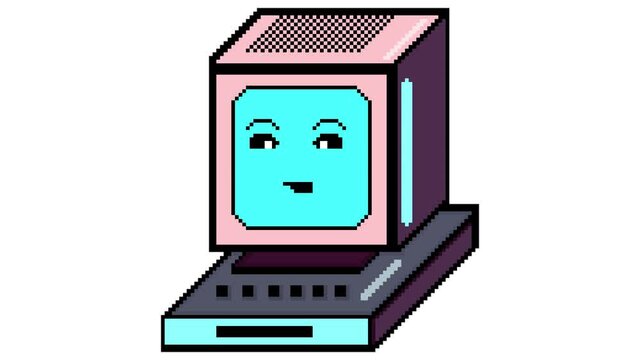 2d pixel animation of the computer, animation computer with emotions surprised eyes, eyebrows are raised, hand-drawn pixel animation