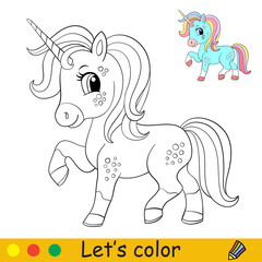 Cartoon cute standing unicorn with rainbow mane coloring © alinart