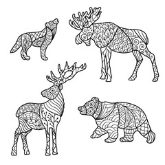 Forest animals with abstract patterns, coloring page