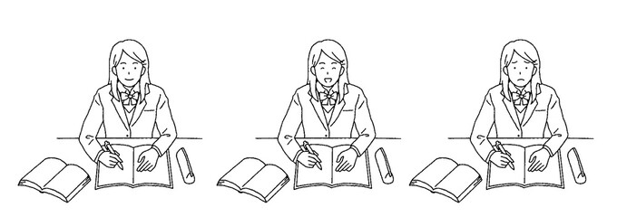 シンプルなタッチ　勉強する女子学生のイラストレーション