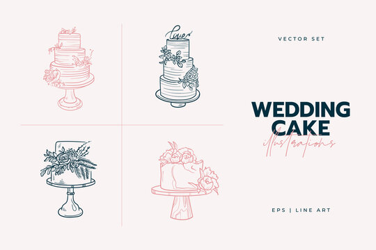 Wedding cake trending vector illustration. Linear art. Icon for wedding agencies, photographers, law shops, florists, pastry shops