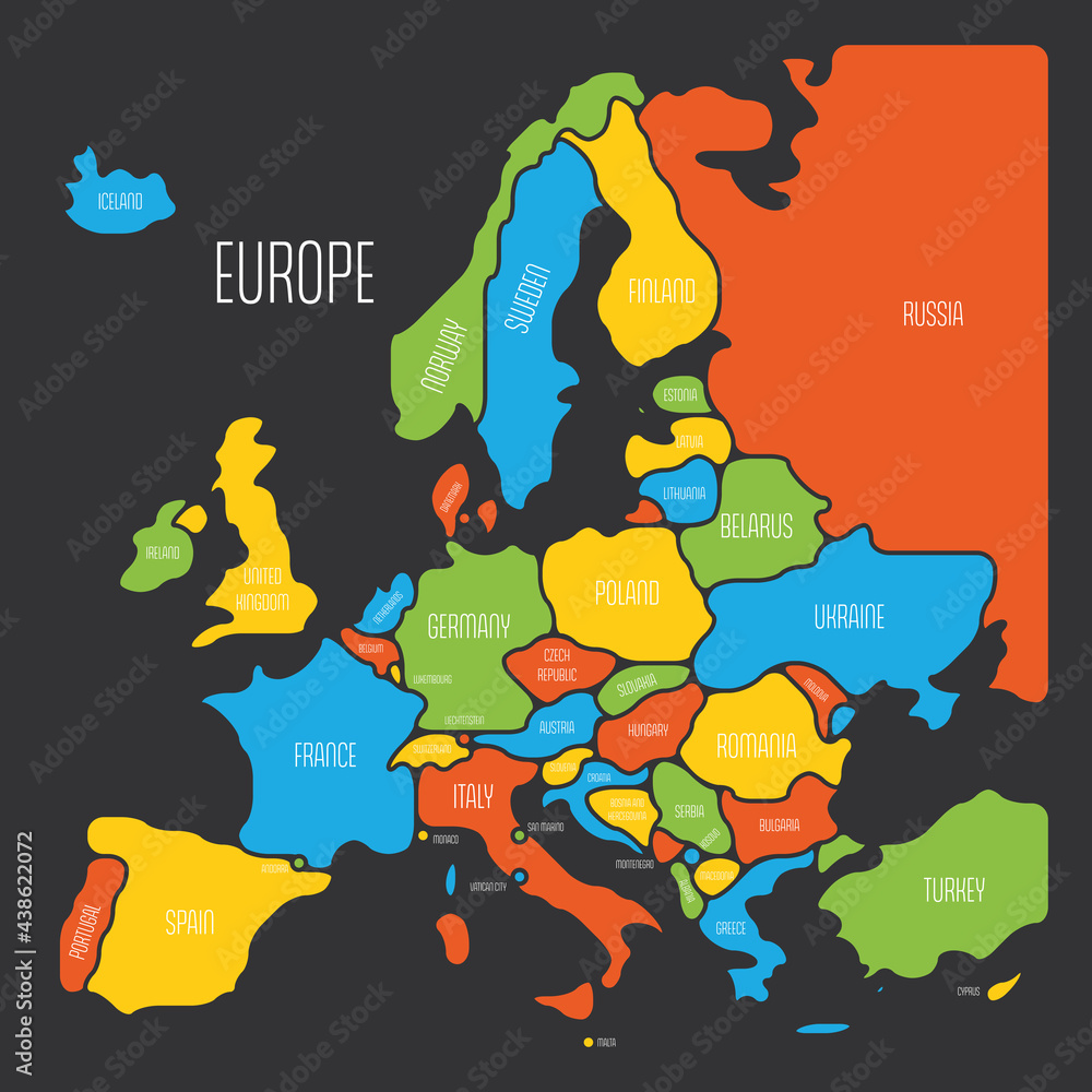 Poster simplified map of europe. rounded shapes of states with smoothed border. colorful simple flat vector