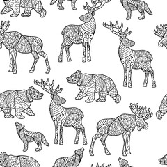 Seamless pattern: forest animals with abstract patterns, coloring page