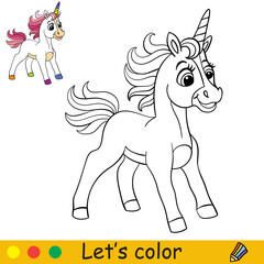Cartoon cute standing curious unicorn with pink mane coloring