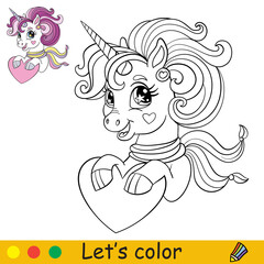 Cartoon cute unicorn with a scarf holds a heart in its hooves coloring